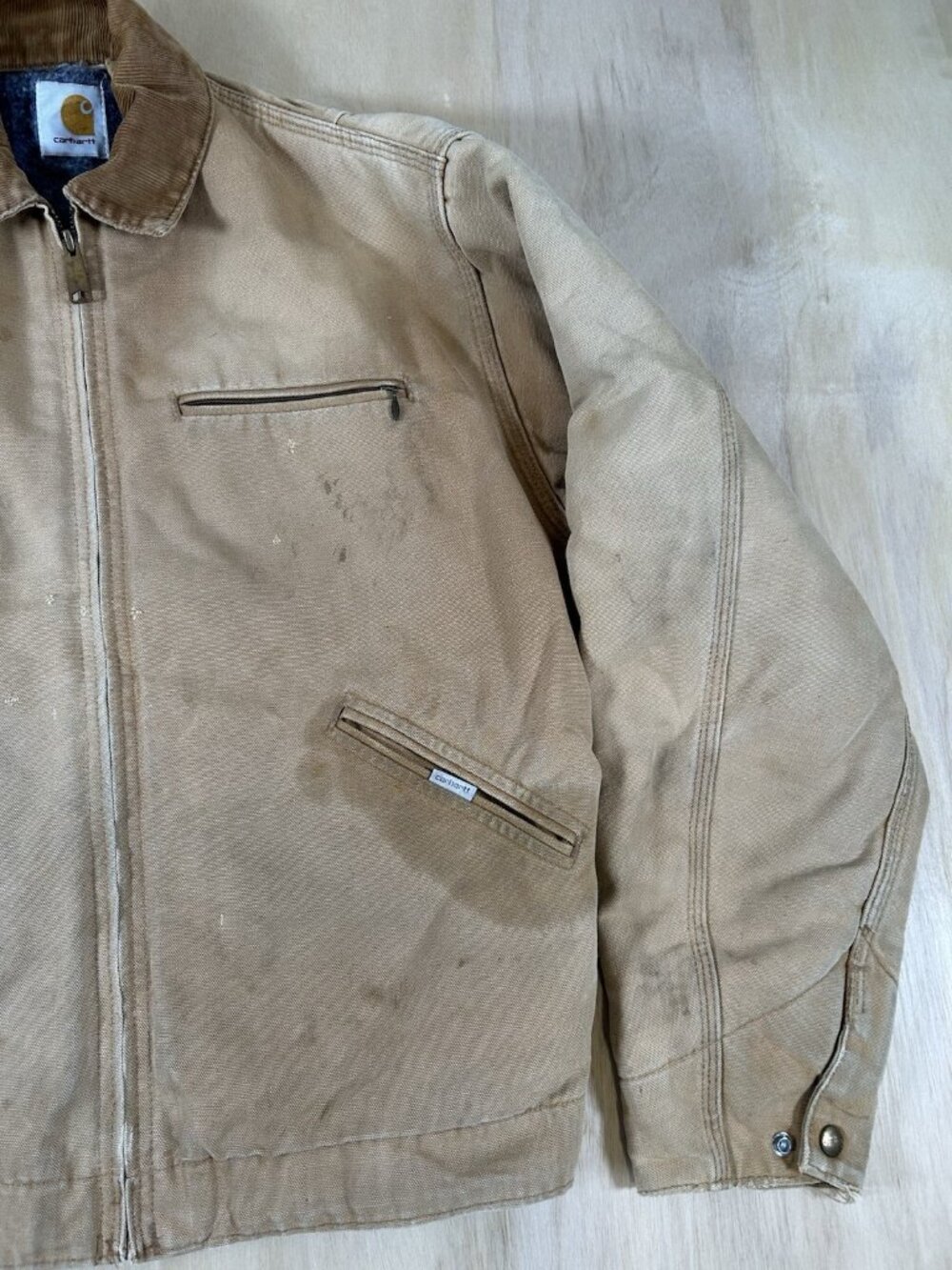 Vintage 1980s Carhartt Detroit Jacket Blanket Lined Tan Distressed Work Size M - Picture 2 of 14